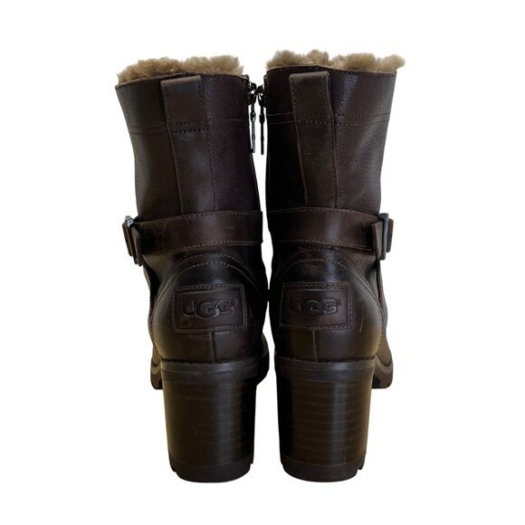 UGG Ingrid Women’s Brown Leather & Real Fur Lining Side Zipper Heeled Boots Sz 7 - Picture 4 of 11
